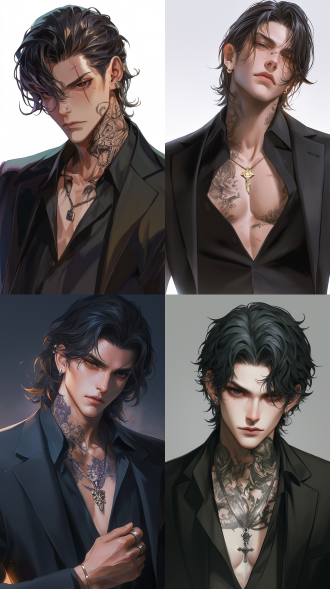 年轻帅气男生，20-25岁左右，黑道老大，黑色长短发，脖子有纹身，眉清目秀，五官俊朗，眼神狠厉，深邃的眼眸，高挺的鼻梁，男士项链挂饰，打了耳钉，带戒指,黑色西装微微敞开，权势滔天，心狠手辣，纯色背景。超清图，半身图，人物刻画细腻，细致刻画人物五官，极致超清，重点刻画眼神。