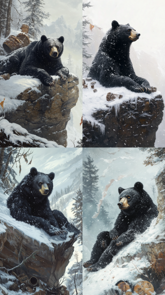 雌性黑熊伏于断崖边缘的积雪之上，身躯如黑铁铸就，毛发间凝结冰霜，肩背肌肉虬结如山峦起伏，利爪抠入岩缝，溅起碎冰。它昂首凝视前方，金褐色瞳孔倒映着暴风雪中摇曳的古老松林，鼻息喷出白雾与风雪交融。背景是同一片被狂风撕扯的针叶林，断崖下堆积着被雪掩埋的兽骨与残破萨满鼓，枯枝上悬挂的褪色经幡在风中猎猎作响，远处灰蒙蒙的天际线与雪原融为一体。