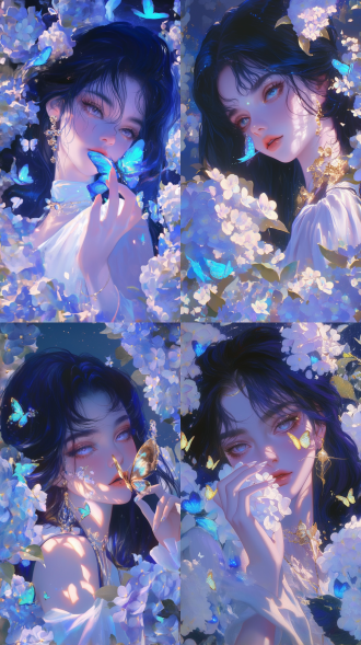 美丽少女置身绣球花丛，蝴蝶环绕，三分法构图，浅景深，逆光，柔和色彩，唯美。