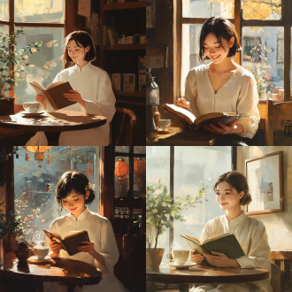 一位年轻的女性，短发，坐在咖啡店的角落，柔和的阳光，看书，咖啡，微笑，国风，