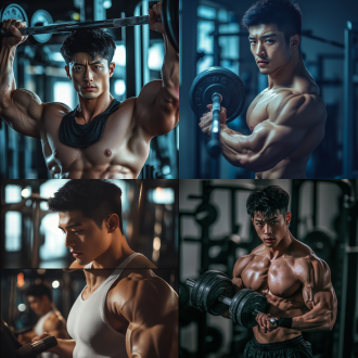 中国黑发帅哥在健身房举重，三分法构图，肌肉线条清晰，冷色调，长焦镜头，顶光，专注表情，力量感。