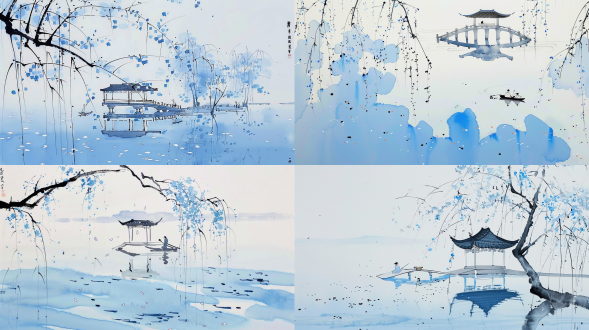 中式园林景观，广阔湖面波光粼粼，湖中心一座九曲桥通向湖心亭，亭中有人抚琴，湖边垂柳依依，桃花盛开，花瓣飘落湖面，寓意岁月静好、诗意生活