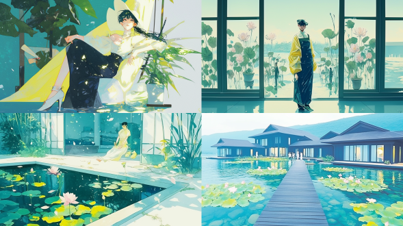 春日江南，绵延青山染黛，云雾悠然缭绕。开阔湖面波光闪烁，初绽的粉荷于风中轻摆。数艘乌篷船缓行，桨划涟漪。远方，粉墙黛瓦的古镇依水而建，飞檐楼阁隐于绿树。古桥横跨河道，桥上汉服行人往来，尽显水乡祥和生机，彰显江南文化底蕴​