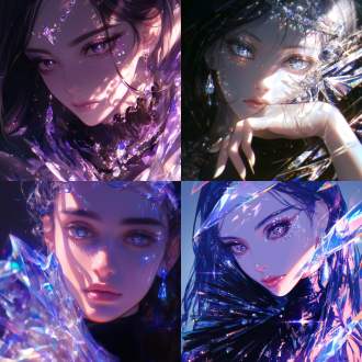 美女，钻石眼睛，特写镜头，高光对比，暗色调，冷光，悲伤表情，精致妆容，珠宝装饰，神秘氛围，水晶光感，反射，折射光。