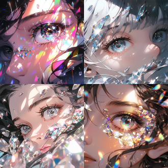 钻石眼睛，对比强烈，钻石反射，折射光，美女，大眼睛，绝美妆容，，神情忧郁，周围都是钻石折射光。