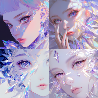 钻石眼睛，对比强烈，钻石反射，折射光，美女，大眼睛，绝美妆容，大视图，半身，神情忧郁。