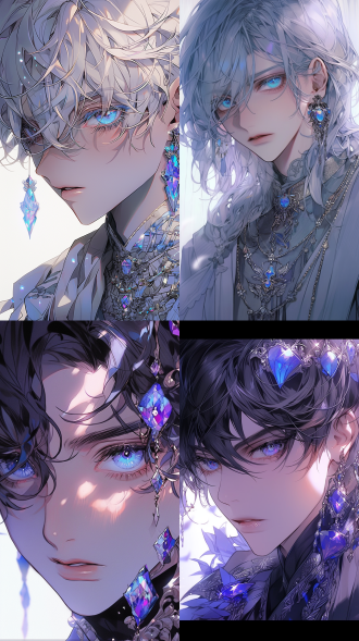 紫蓝色调，帅哥，美男，钻石环境，复杂细节，大眼睛，长睫毛，神情冷酷。