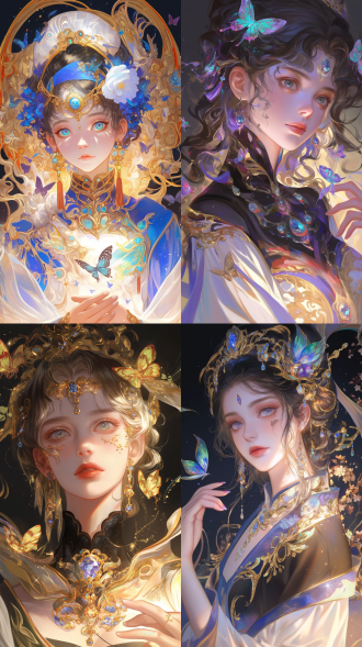 工笔画，美女凝视前方，细节，宝石，蝴蝶飞舞，高分辨率。