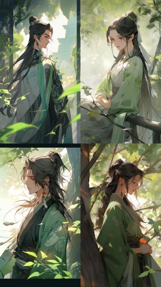 檀健次扮演的相柳，深情，凝视镜头，绿色掉，逆光，树影。