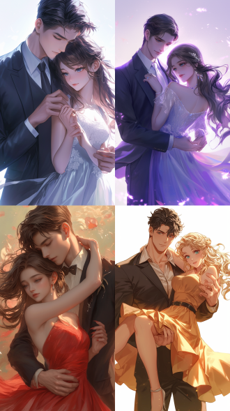 一位英俊绅士抱着一位美貌的女士，女士裙子随风飘扬，眼里闪闪发亮，男士英俊，帅气。