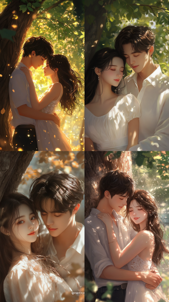 情侣相拥，眼睛明亮，，高清画面，韩漫风格，纹理细腻，背景淡雅，背靠大树，树叶轻飘，柔和光线，温馨氛围。