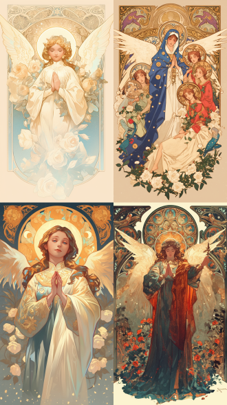 插画家穆夏的创作风格，天使，光轮，圣母，荆棘玫瑰，对称构图，浓厚色彩，细节丰富。