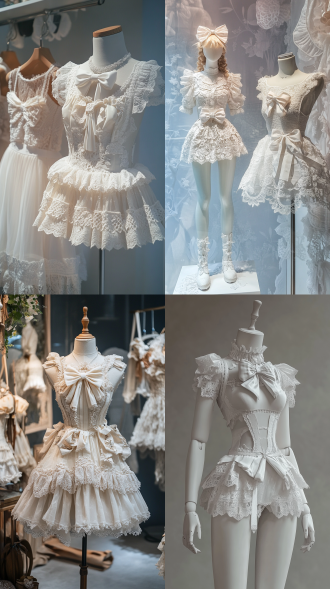 2025年最新春夏服装设计，没有模特，模特展示架，女半身服装人形模特，女装是白色色系，蝴蝶结，蕾丝复古风。