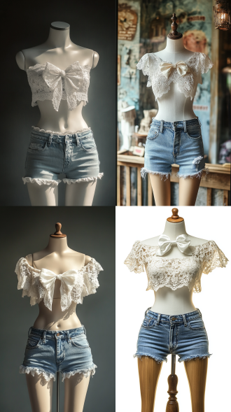 模特展示架，女半身服装人形模特，女装是白色色系，上衣是蝴蝶结蕾丝复古风，下衣是牛仔短裤。