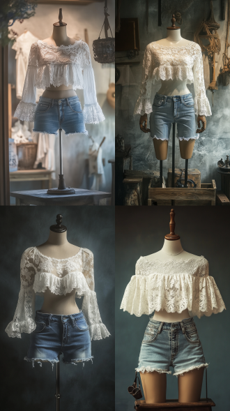 模特展示架，女半身服装人形模特，女装是白色色系，上衣是喇叭袖蕾丝复古风，下衣是工装牛仔短裤。