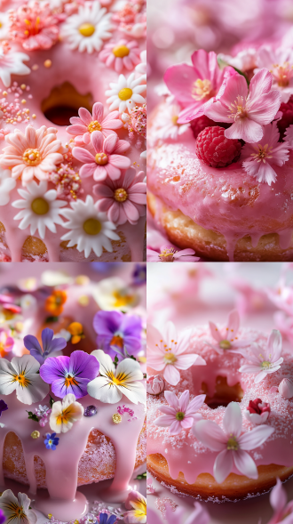 甜甜圈布丁蛋糕的特写镜头，鲜花，特写，长焦镜头，超真实纹理，高清图。