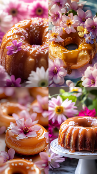 焦糖布丁蛋糕的特写镜头，焦糖布丁甜甜圈蛋糕，鲜花衬托，特写，长焦镜头，超真实纹理，高清图。