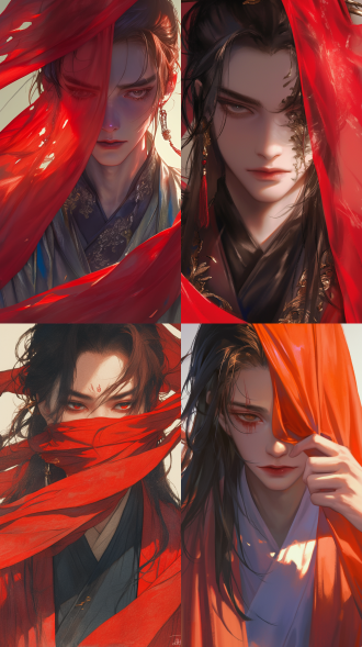 眼睛蒙着红布的美男子，清冷的面容，中式古代风格，古装，细节，唯美。