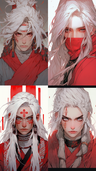 清冷面容的男子，白色的头发，双眼包着红色布条，中式古代风格，半身照，清冷，冷色调，古代人妆发。