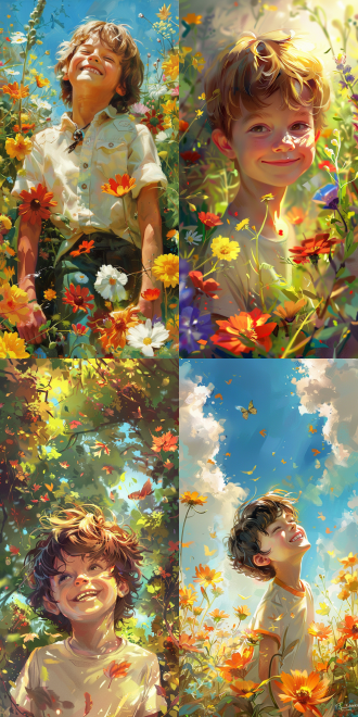 男孩阳光的微笑，春暖气清，五彩斑斓