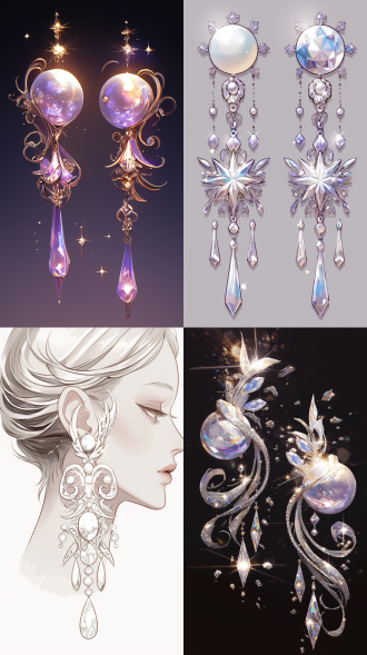 钻石耳环设计，珍珠耳环设计，简约，繁琐，大气，星光闪耀，钻石珍珠耳环设计图，构思图，草图，8k高清。