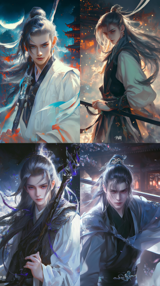 国风美少年，半身构图，直视镜头，手拿长枪，俊美脸庞，高清晰度，飘逸的枪法，衣袖随风摆动，背景是夜晚的中式古代建筑。