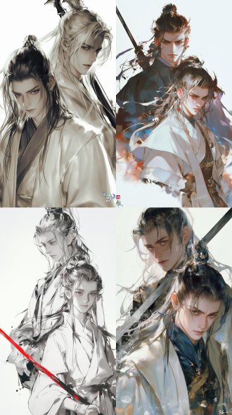 国风美少年，半身构图，双人，一个手拿长枪，一个手拿长剑，左边的少侠生气，右边的青年坏笑，俊美脸庞，高清晰度。