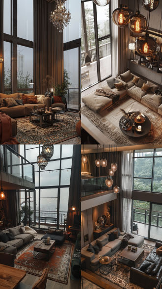 一个温馨小家，大概30~50平方的双层小公寓，里面有民族风格的地毯，现代化的玻璃吊灯，温暖舒适的沙发，有一个大窗户的阳台，外面是阴天，房间的灯光是暖色调。