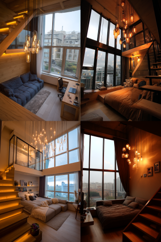 一个温馨的双层楼梯小卧室，大概30~50平方的公寓，现代化的玻璃吊灯，温暖舒适的床和沙发，还有办公桌，有一个落地大窗户，外面是阴天，房间的灯光是暖色调，房间内的灯光与外面的天气成鲜明对比，室内环境显得特别温馨