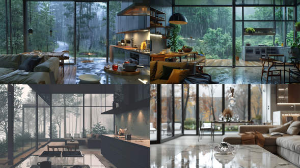 小户型室内设计，对角构图，清新简约风设计，左右两边都是落地玻璃窗户，窗外在下雨，窗外可以看到森林小路，客厅有舒适的沙发，有餐桌，开放式厨房，厨房放了一些餐具和电器，具有生活气息，室内整体美式简约风。整体对比色调，窗外下雨阴冷，室内灯光温暖柔和，是一间开放式厨房和客厅完美融合的一间小户型平层室内设计。