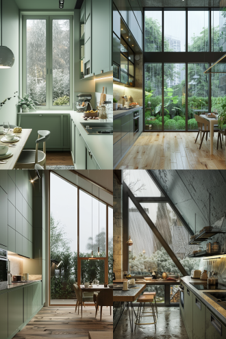 小户型室内设计，对角构图，左右两边都是落地玻璃窗户，窗外在下雨，开放式厨房，厨房放了一些餐具和电器，具有生活气息，北欧风家具，浅绿色墙体，窗外可以看到一些灌木，窗外下雨阴冷，室内灯光温暖柔和，是一间开放式厨房和客厅完美融合的一间小户型平层室内设计。