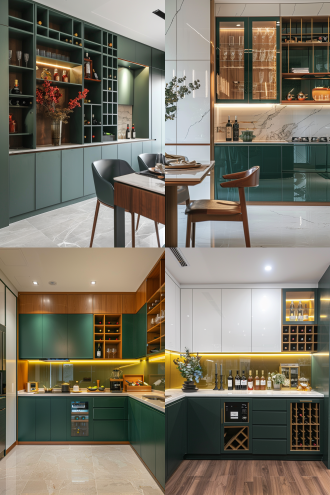 法师餐边柜，墙体一体式餐边柜，整墙都是柜子，酒柜，简洁，具有生活气息，深绿色和白色的搭配。