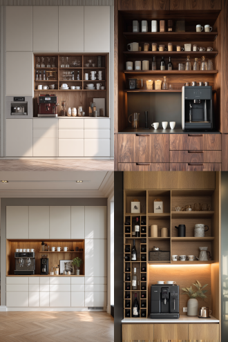 北欧风餐边柜，墙体一体式餐边柜，整墙都是柜子，酒柜，简洁，有咖啡机，咖啡杯，具有生活气息，注重设计感搭。