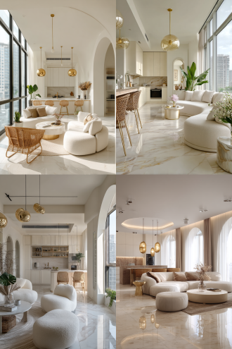 小户型室内设计，重点展示空间收纳柜的作用，具有生活气息，落地玻璃窗户，开放式厨房和客厅的组合柜，极简设计，暖象牙色大理石地砖，弧形沙发配云形茶几，金吊灯下柳条椅，拱门。