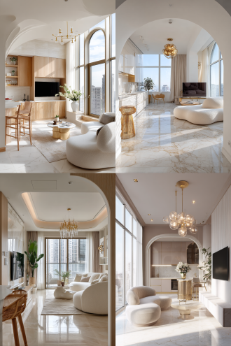 小户型室内设计，落地玻璃窗户，重点展示开放式厨房和客厅的组合柜，电视组合柜，极简设计，暖象牙色大理石地砖，弧形沙发配云形茶几，金吊灯下柳条椅，拱门。