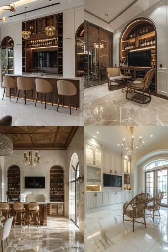 重点展示电视与酒柜组合柜，极简设计，暖象牙色大理石地砖，金吊灯下柳条椅，拱门，整墙收纳柜展示。