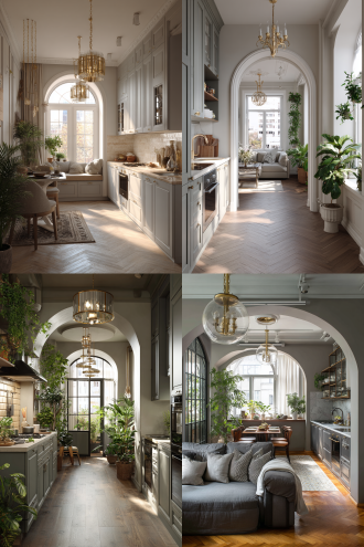 小户型设计，平层，窗外能看见植物，灰色家具金色吊灯的家具融合，拱门，现代与复古的装修风格，开放式厨房，厨房有烤箱等厨具，具有生活气息，暖色调，低调简洁，高清晰度。