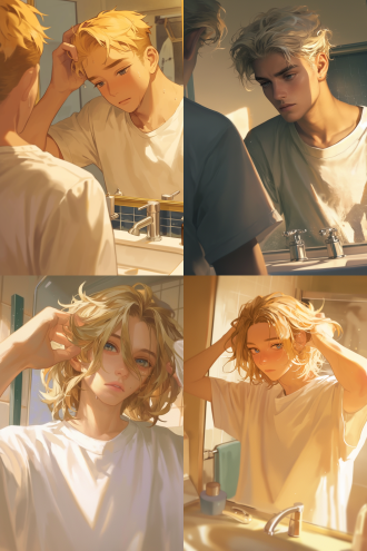 淡黄色头发，黑色眉毛，在浴室照镜子的21岁男子，身穿白色t-shit，刚洗完脸，还带着睡意的脸，大光圈，大眼睛，高清晰度，18k.