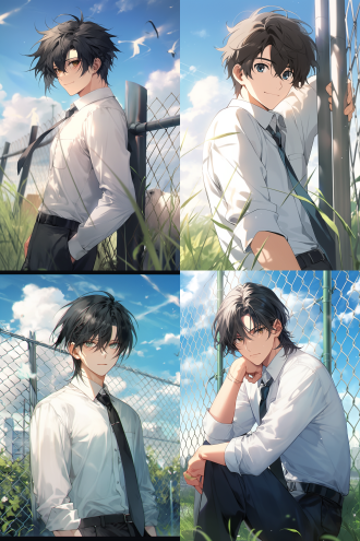 24岁上班族，大眼睛，帅气，黑色头发，穿着白色衬衫，打着黑色领带，蓝天白云，青青绿草，跨过围栏的动作，表情自然，活力满满。