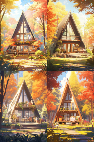 秋天的森林里，一个三角形木屋，有落地玻璃，有露台，阳光洒下来穿过树落在草地和木屋上，房子旁边有花园和果树