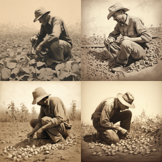 戴太阳帽的中年人蹲在花生地弯腰拔花生，三分法构图，田野环境，长焦镜头，顶光，粗笔触，灰墨色调，写实，辛勤劳作。