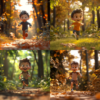 3岁单眼皮爱运动小男孩在森林奔跑跳跃，全身像，皮克斯动画风格，c4d、oc渲染，黏土塑料质感，暖光，高清多细节。