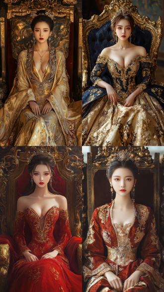 深v礼服华人美女，胸部饱满，公主坐王座，欧美风格，华丽衣着，修长身材，宫廷风，金色装饰，高光，长焦镜头，正面光，优雅，高贵。
