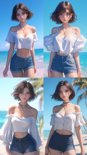 3d，二次元，时尚大气短发美女，穿着白衬衫和蓝色牛仔短裤，背景沙滩