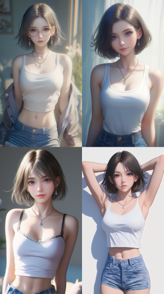 3d二次元，美女短发气质，白色体桖衫，蓝色牛仔短裤，室内