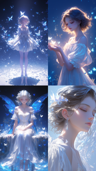 3d二次元，美女短发气质，白色纱连衣裙，保守衣服仙气飘飘，头上有不灵不灵的珠子，白色调，蝴蝶飞舞，冷蓝光，闭眼，自然环绕，雪纺，哀愁，存在感。