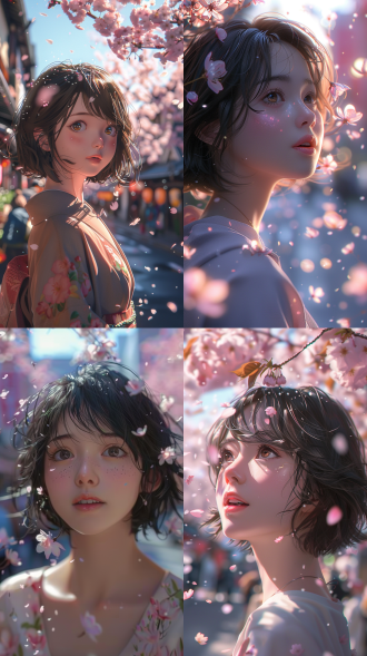 2.短发齐耳的二次元美少女，细腻3d质感，眼眸闪烁星辰，日系清新风，置身樱花飘落的街道