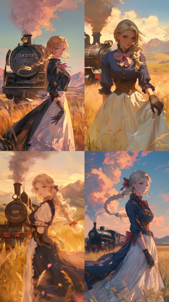 以细腻写实的二次元插画风格，绘制一位金发蓝眼的年轻女子，她的头发编成辫子，并用红色丝带绑在发尾。身着复古风格的深蓝色上衣，领口处饰有精致的白色蕾丝花边，衣袖上带有金色的蝴蝶结装饰。搭配一条飘逸的米白色长裙，裙摆自然垂落，随风轻轻摆动，手上戴着黑色网状手套。 女子站在前景位置，身姿优雅，眼神温柔且略带忧郁地看向一侧。她的身后是一辆复古的黑色蒸汽火车，火车头上标有白色文字“ミカコウ3”，火车正冒着烟，仿佛即将启程。 背景是一片广阔的金黄色草地，草地上点缀着许多粉色的小花，增添几分浪漫氛围。远处是连绵起伏的山脉，天空中飘着几朵白云，此时正值黄昏，天空呈现出柔和的橙粉色霞光，光线从画面左下方照射过来，给整个场景带来温暖而柔和的光影效果，人物和景物的阴影自然且细腻。薇尔莉特