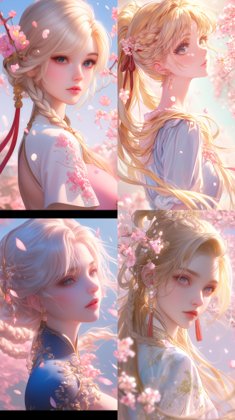 8k，超细节，一位金发碧眼的少女，她的金发编成了辫子， 辫子在脑后汇聚起来，并用红色丝带绑束，显得俏皮又精致。发间点缀着粉色花朵。身着复古风格的深蓝色上衣，领口和袖口饰有精致的白色花边与金色装饰，搭配一条飘逸的米白色长裙。背景是一片浪漫的花海，粉色花瓣随风飘落，远处是柔和的蓝天与飘着的云彩，营造出温暖且梦幻的氛围，光线柔和自然，二次元，具有电影级的光影效果。