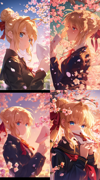 一位金发碧眼的少女，身穿深色制服式外套，手里拿着一张纸或信件，显得孤寂而沉思。她的金色长发扎成精致的丸子头，用红色蝴蝶结装饰，发髻蓬松自然，发丝细腻有光泽。少女站在盛开的樱花树下，背景是日落时分的景色，天空呈现出温暖的橙黄色调，与粉色的樱花相映成趣。画面整体色调偏暖，光影效果细腻，尤其是在少女的头发和樱花上，光线的运用非常巧妙。整体风格柔和内敛，注重情感表达，营造出一种宁静而略带感伤的氛围，带有浓厚的日式动漫风格，细节处理精致，艺术